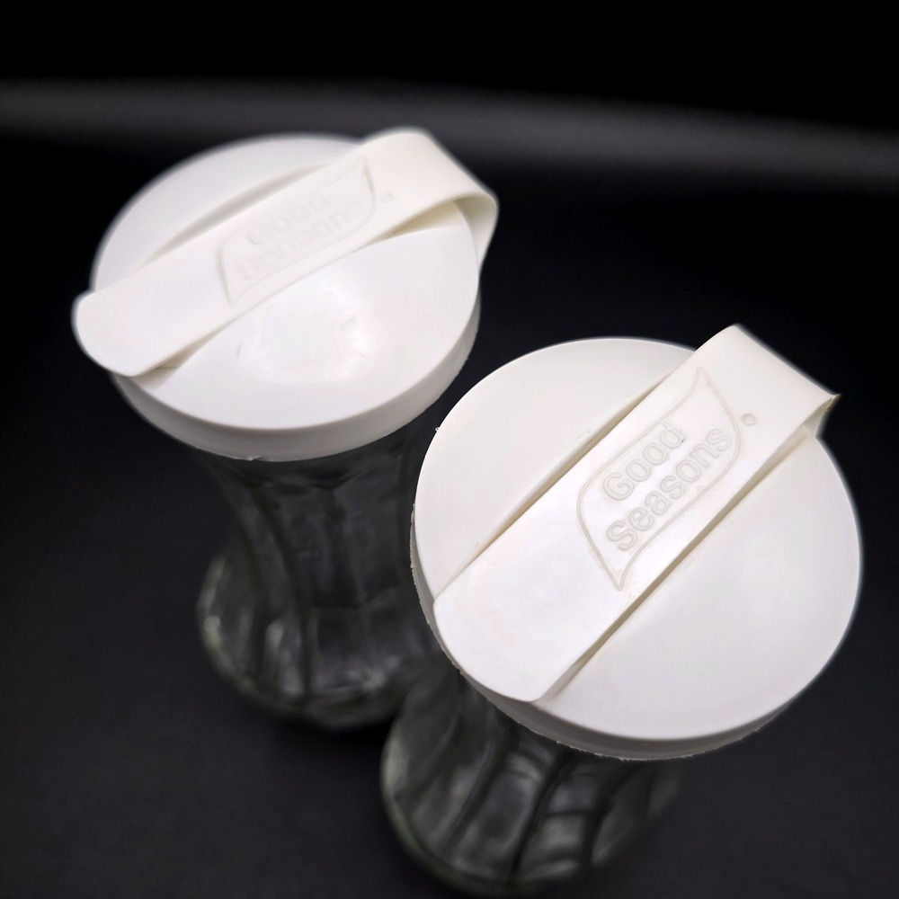 Vintage Good Seasons Glass Salad Dressing Cruet Set of 2 White Flip Top Lids - Picture 5 of 16
